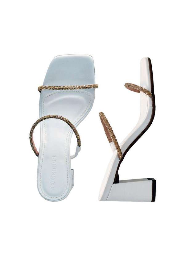 Comfort - Tamanco Feminino com Salto Médio e Tiras Finas Strass Comfort Branco 3