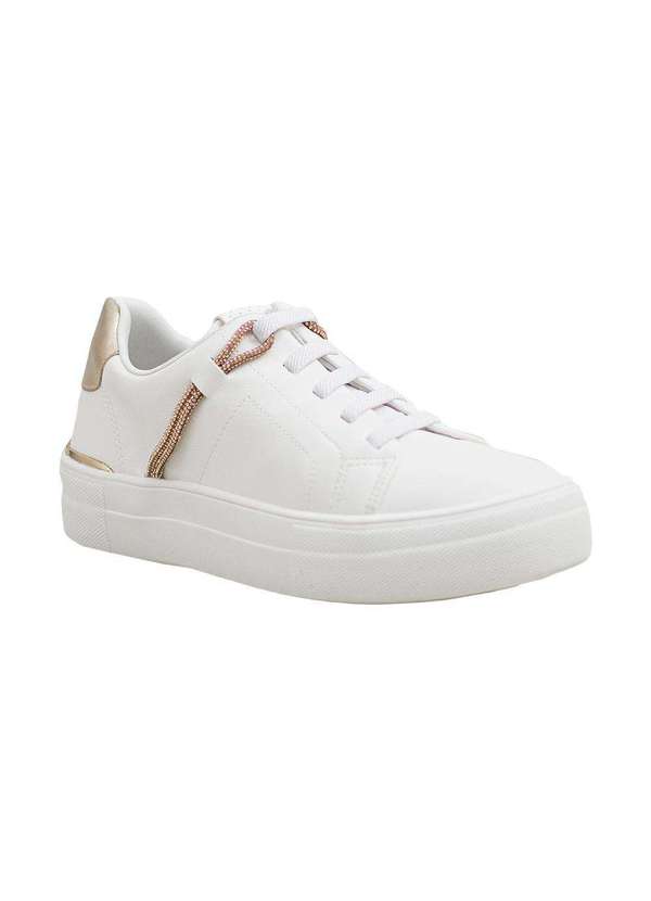Comfort - Tênis Feminino Casual Detalhe em Strass e Metalizado Comfort Branco Tofu