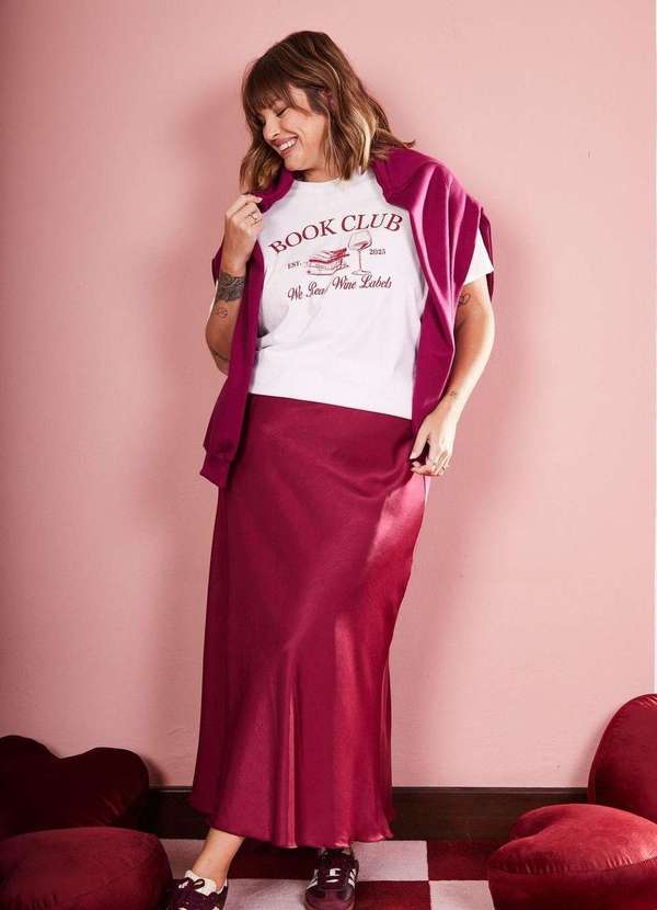 In Love - Saia Midi de Cetim Serena Pluma Rosa 2