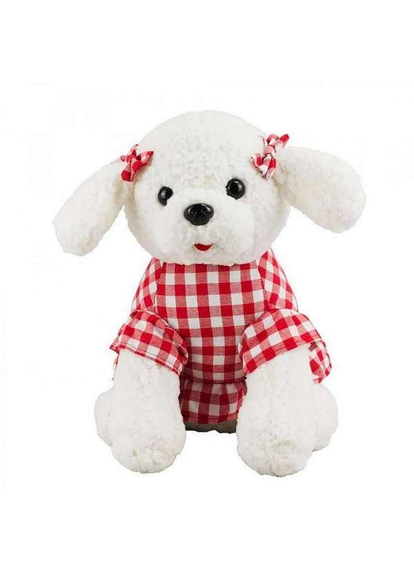Minas de Presentes - Cachorrinha Poodle de Pelúcia Vestido Vermelho 23cm Branco
