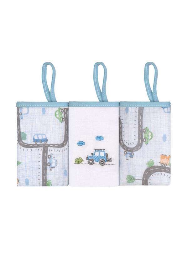 Papi - Paninho de Boca Bordado Carros com Prendedor de Chupeta Azul