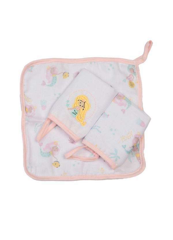 Papi - Paninho de Boca Bordado Sereia Soft com Prendedor de Chupeta Rosa