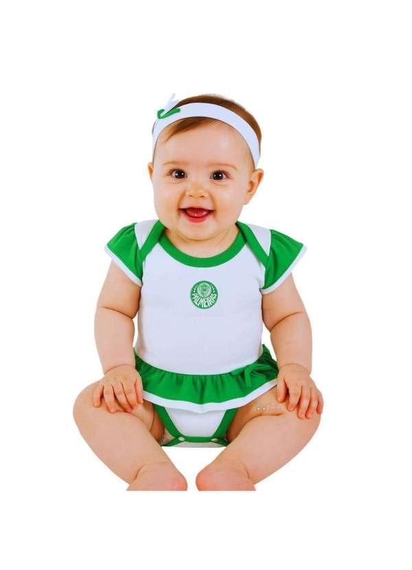 Revedor - Body Vestido Bebê Palmeiras com Tiara Oficial Branco