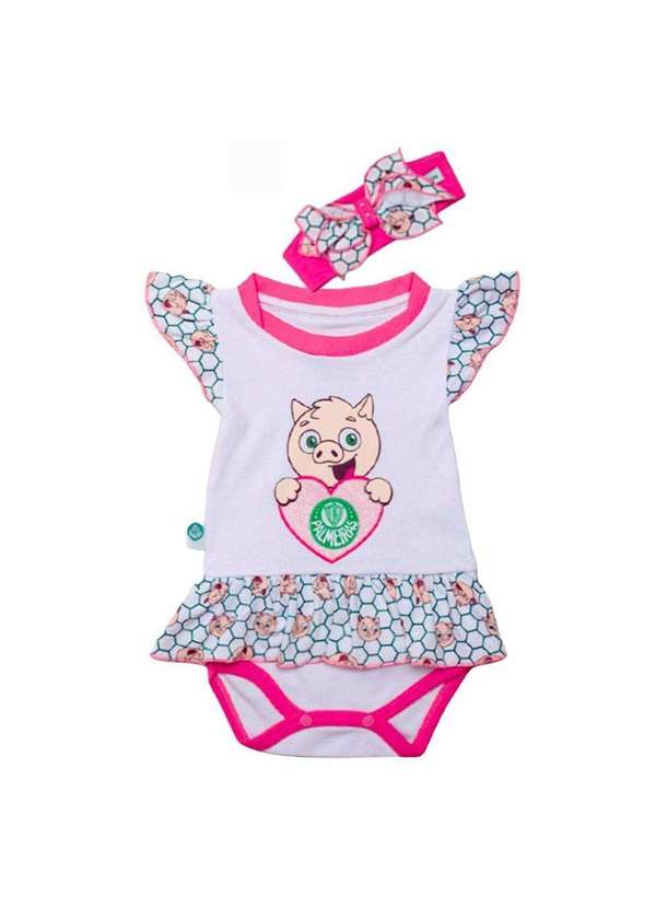 Revedor - Body Vestido Palmeiras Coração com Laço Oficial Branco / Rosa