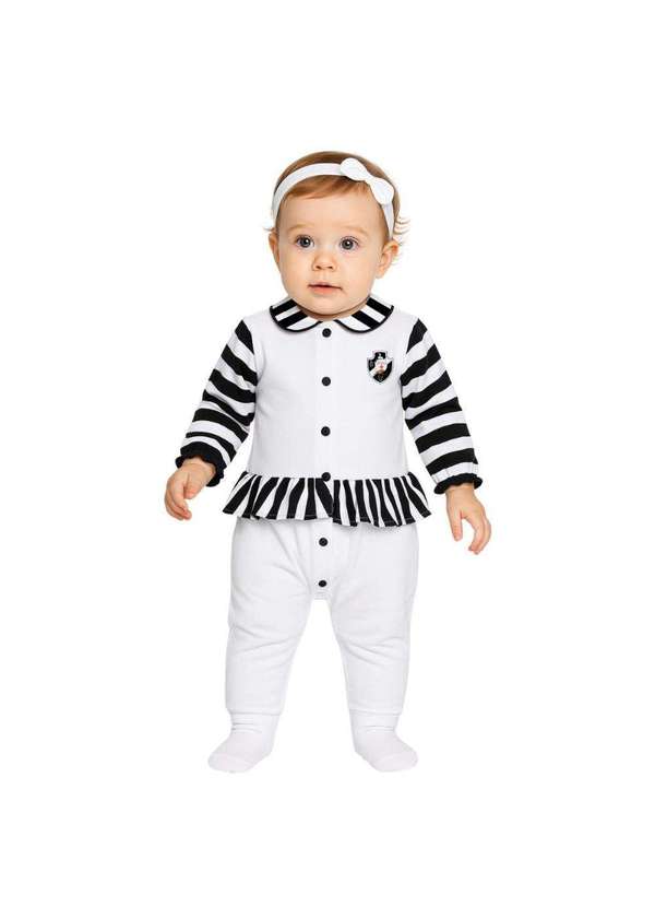 Revedor - Macacão Bebê Vasco Listras Longo Meninas Oficial Branco / Preto