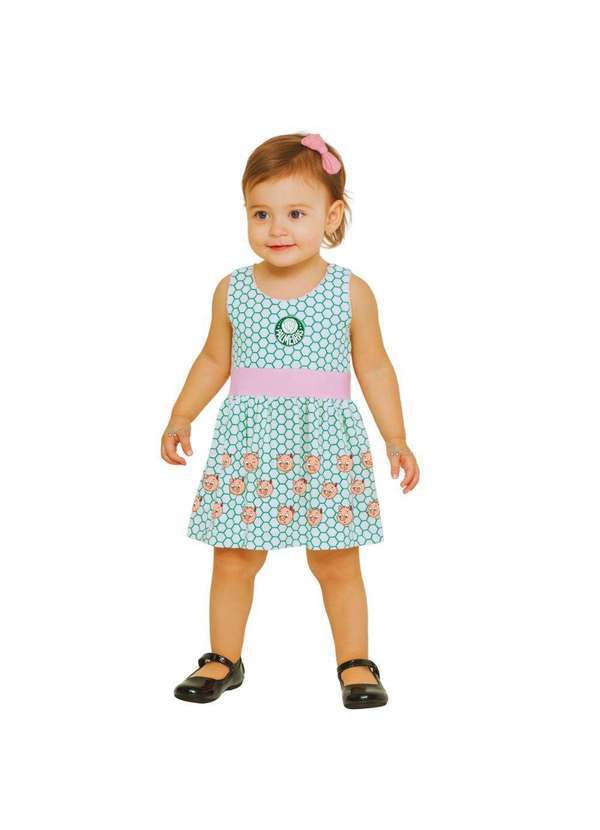 Revedor - Vestido Bebê Infantil Palmeiras Estampa Porquinhos Oficial Branco / Rosa
