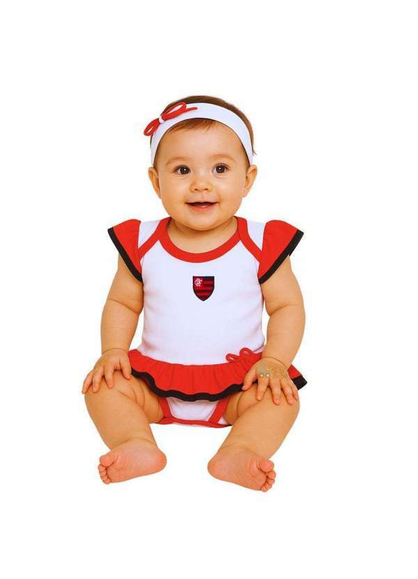 Revedor - Body Vestido Bebê Flamengo com Tiara Oficial Branco