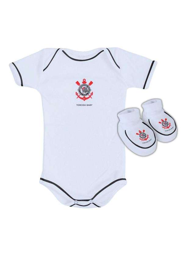 Torcida Baby - Conjunto Bebê Corinthians Body e Pantufa Branco Oficial Branco