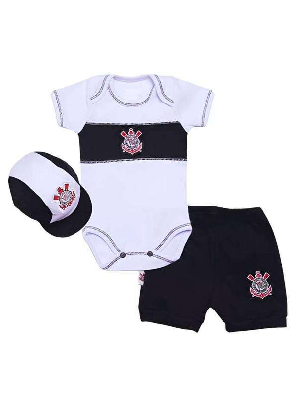 Revedor - Conjunto Bebê Corinthians com Body Shorts e Boné Oficial Branco