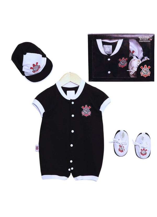 Revedor - Kit Bebê Corinthians 3 Pçs Macacão Boné e Sapatinho Oficial Preto