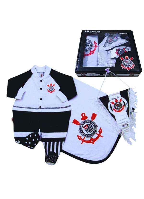 Revedor - Kit Bebê Corinthians Maternidade Macacão Manta Flâmula 3 Pçs Branco / Preto
