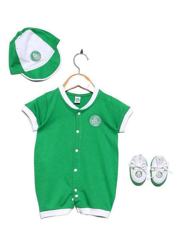 Revedor - Kit Bebê Palmeiras 3 Peças Macacão Boné e Sapatinho Oficial Verde
