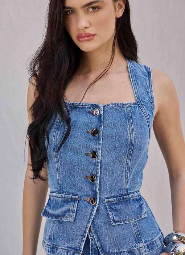 Laccord - Blusa Jeans com Recortes Denim Medio Azul