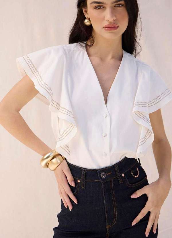 Laccord - Camisa com Babado e Bordado Mangas Branco 3