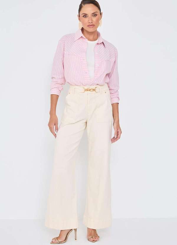 Laccord - Calca de Sarja Pantalona com Cinto Manteiga Branco