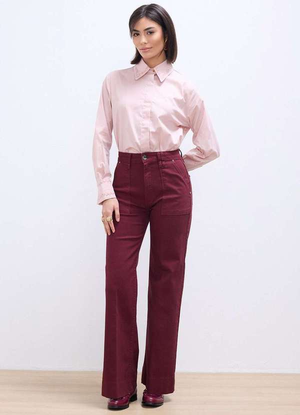 Laccord - Calca de Sarja Pantalona Slim Marsala Vermelho