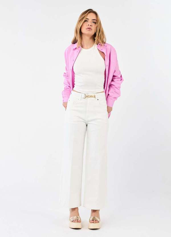 Laccord - Calca de Sarja Reta Cropped com Cinto Branco 2