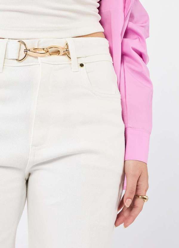 Laccord - Calca de Sarja Reta Cropped com Cinto Branco 4