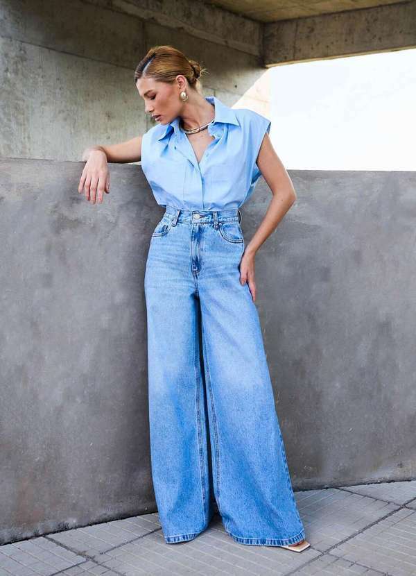 Pantalona Jeans Feminino Cintura Baixa Calca Jeans Pantalona Ampla