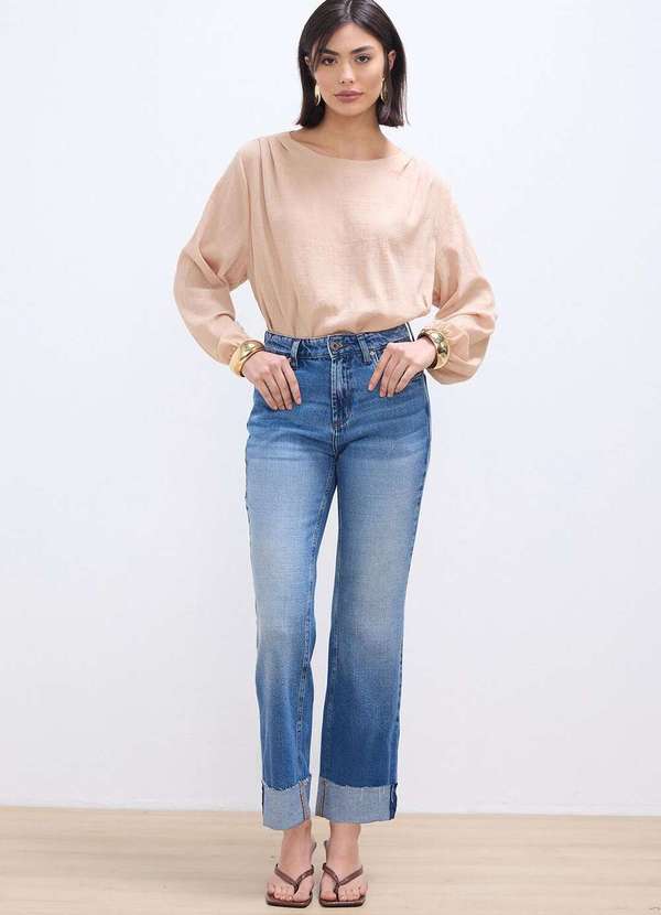 Laccord - Calca Jeans Reta com Barra Dobrada Denim Medio Azul