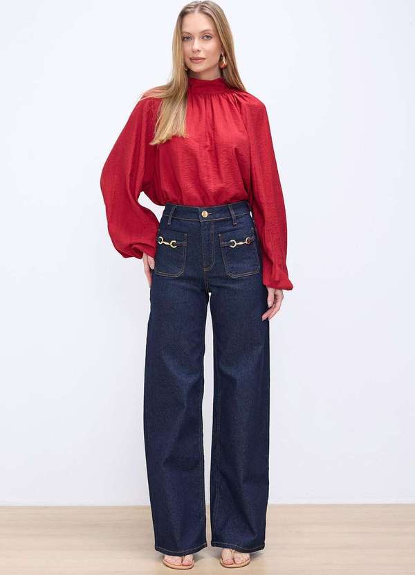 Laccord - Calca Jeans Reta com Metal Denim Escuro Azul