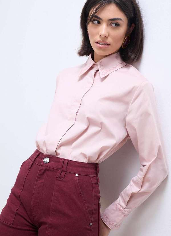 Laccord - Camisa de Tricoline com Bordados Rosa