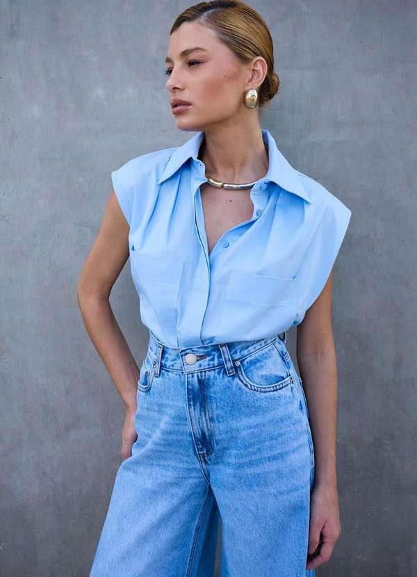Laccord - Camisa de Tricoline sem Manga com Pregas Azul