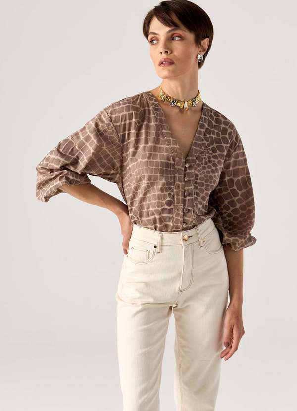 Laccord - Camisa de Voil com Estampa Croco Marrom