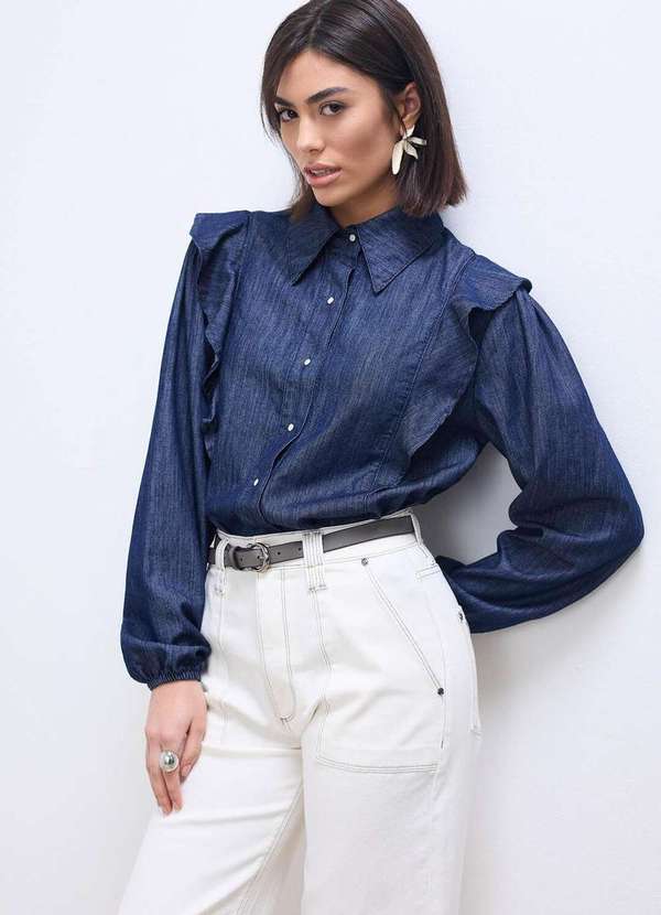 Laccord - Camisa Jeans com Babado Denim Escuro Azul