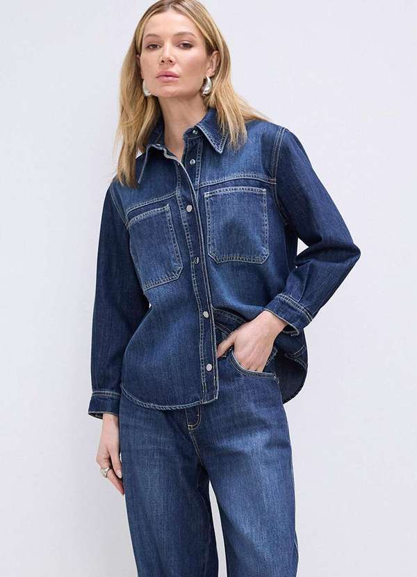 Laccord - Camisa Jeans com Faixa Denim Escuro Azul