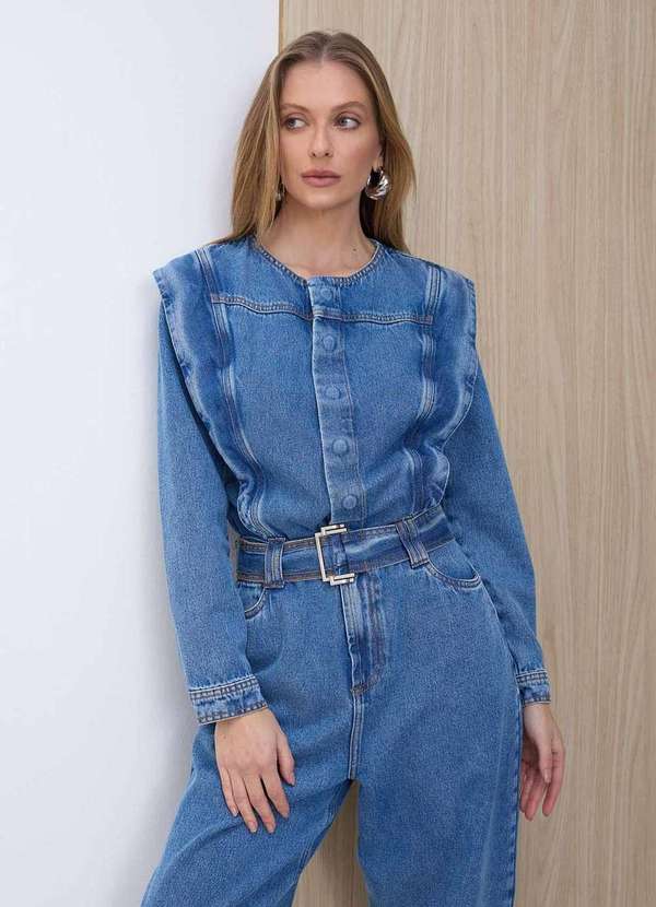 Laccord - Macacao Jeans com Ombros Marcados Denim Medio Azul 2