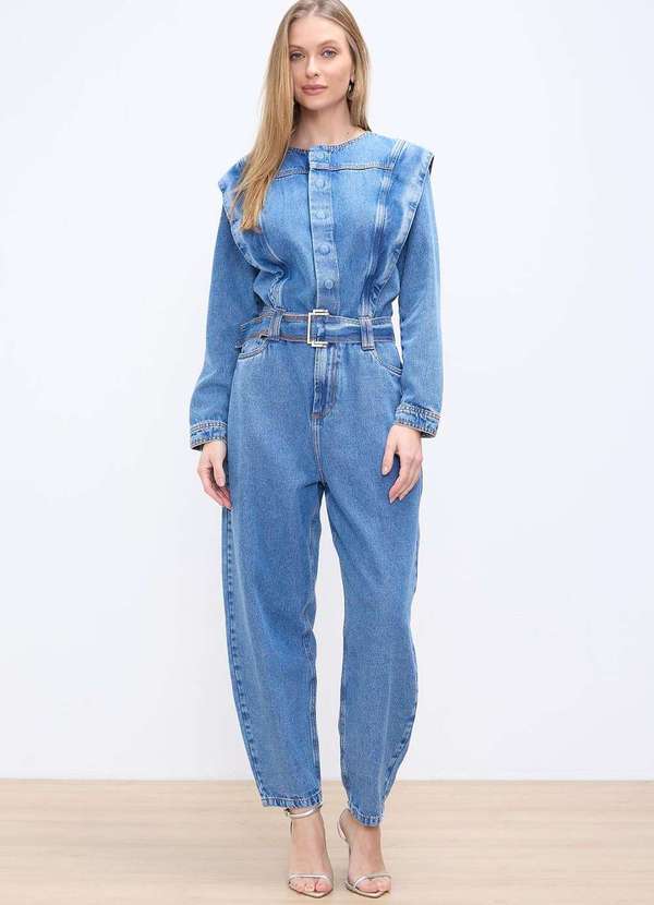 Laccord - Macacao Jeans com Ombros Marcados Denim Medio Azul 3