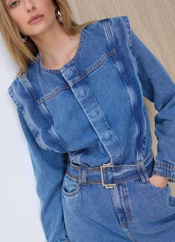 Laccord - Macacao Jeans com Ombros Marcados Denim Medio Azul 4