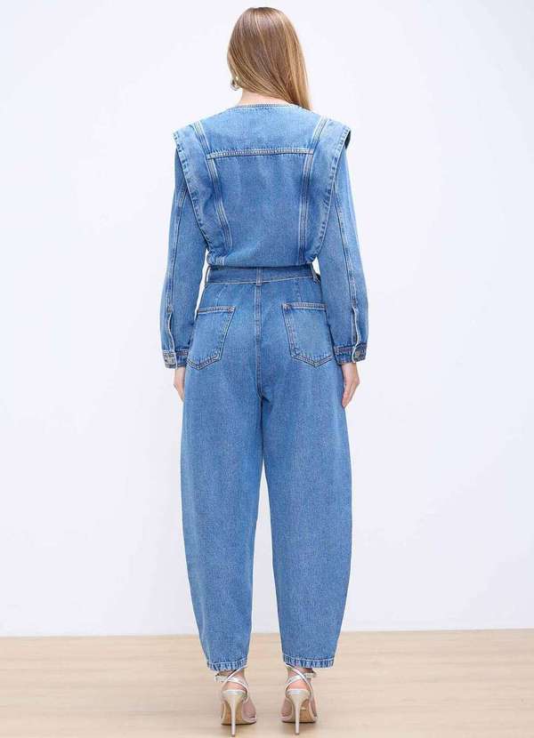 Laccord - Macacao Jeans com Ombros Marcados Denim Medio Azul 6