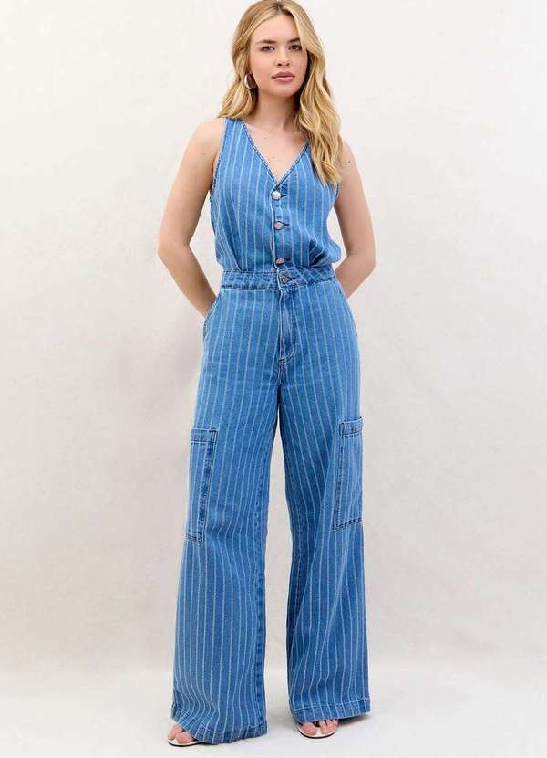 Laccord - Macacao Jeans Listras Denim Medio Azul