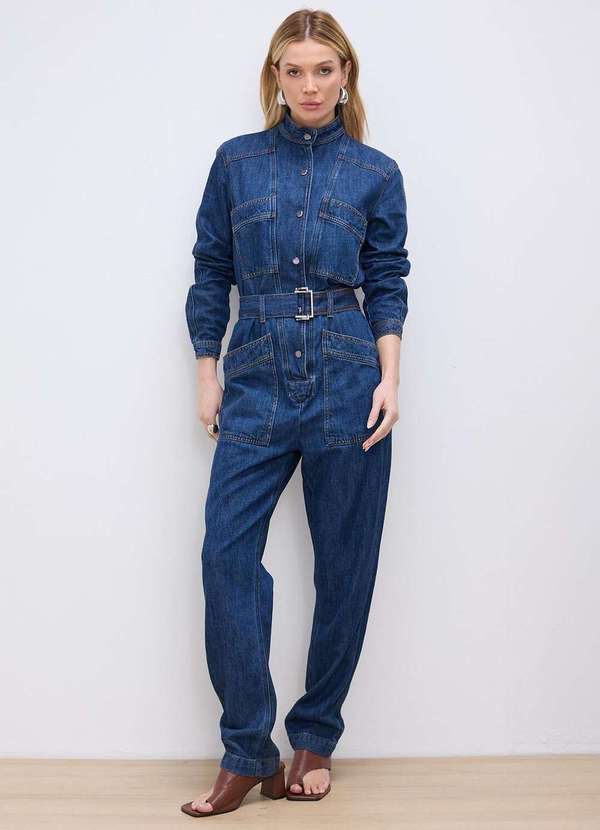 Laccord - Macacao Jeans Manga Longa com Cinto Denim Escuro Azul