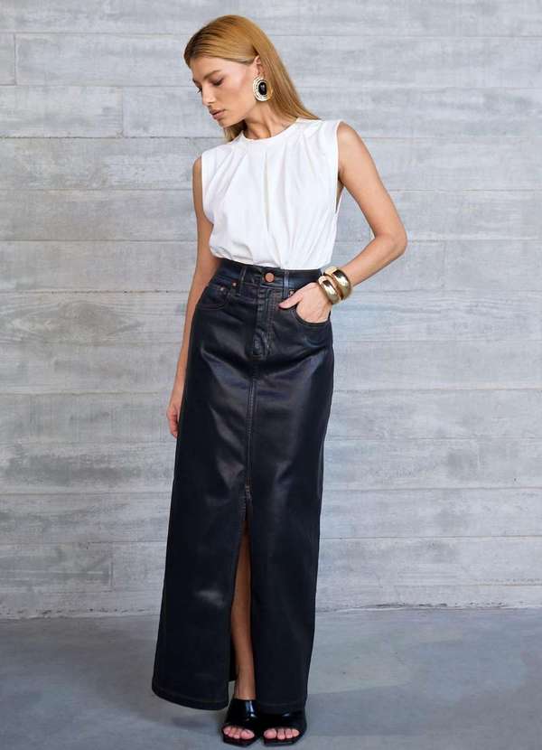 Laccord - Saia de Sarja Midi Resinada Preto