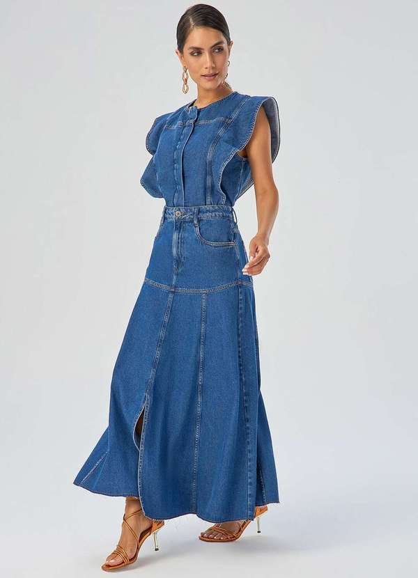 Laccord - Saia Jeans Super Midi Ampla Denim Medio Azul 2