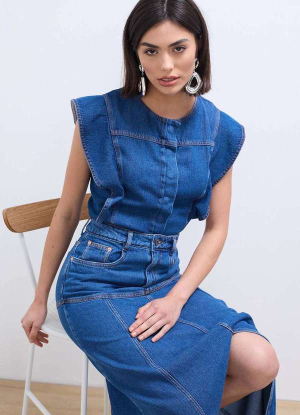 Laccord - Saia Jeans Super Midi Ampla Denim Medio Azul 4