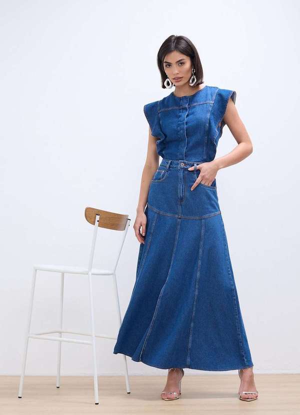 Laccord - Saia Jeans Super Midi Ampla Denim Medio Azul 5