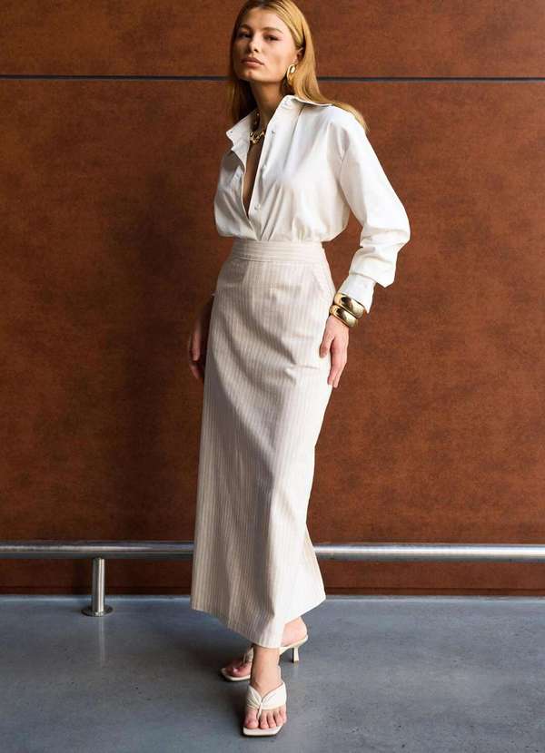 Laccord - Saia Lapis Tecido Plano Risca de Giz Bege