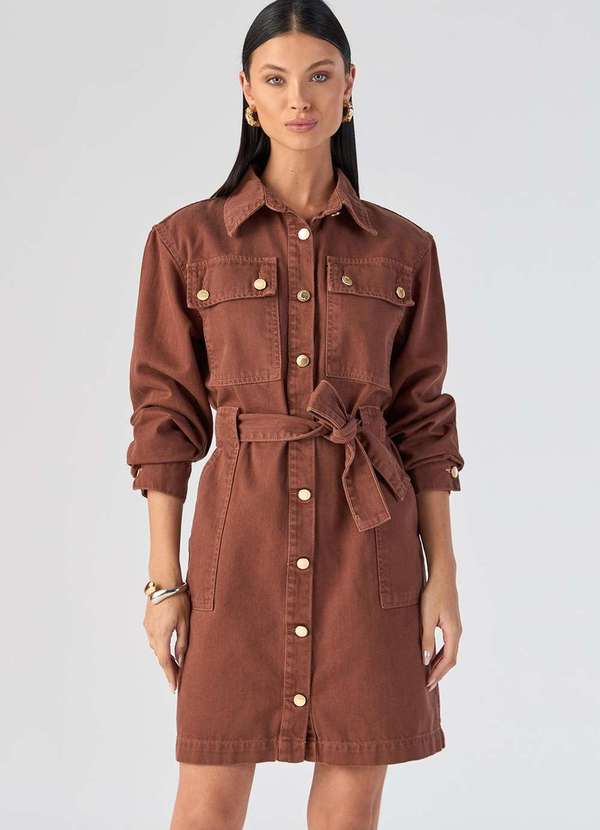 Laccord - Vestido de Sarja Chamise Manga Longa Marrom