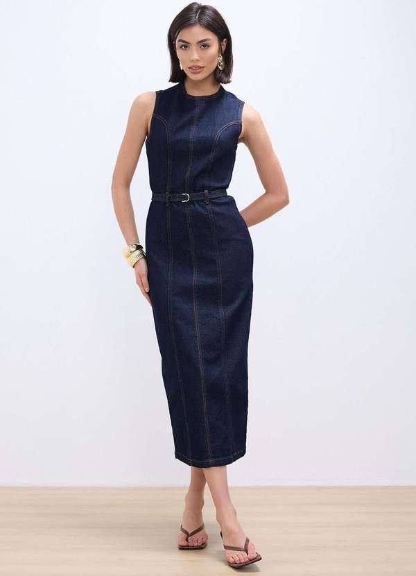 Laccord - Vestido Jeans Justo Super Midi Denim Escuro Azul