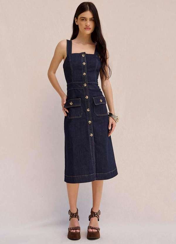 Laccord - Vestido Jeans Midi com Botoes Denim Escuro Azul