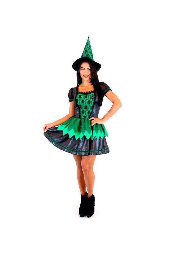 Sulamericana - Fantasia Bruxa Wicked Adulto Halloween com Chapéu Preto