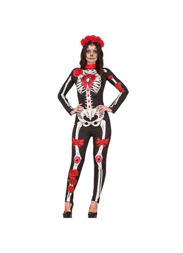 Fantasias Carol Fg - Fantasia Caveira Mexicana Feminina Adulta de Halloween Esqueleto Preto