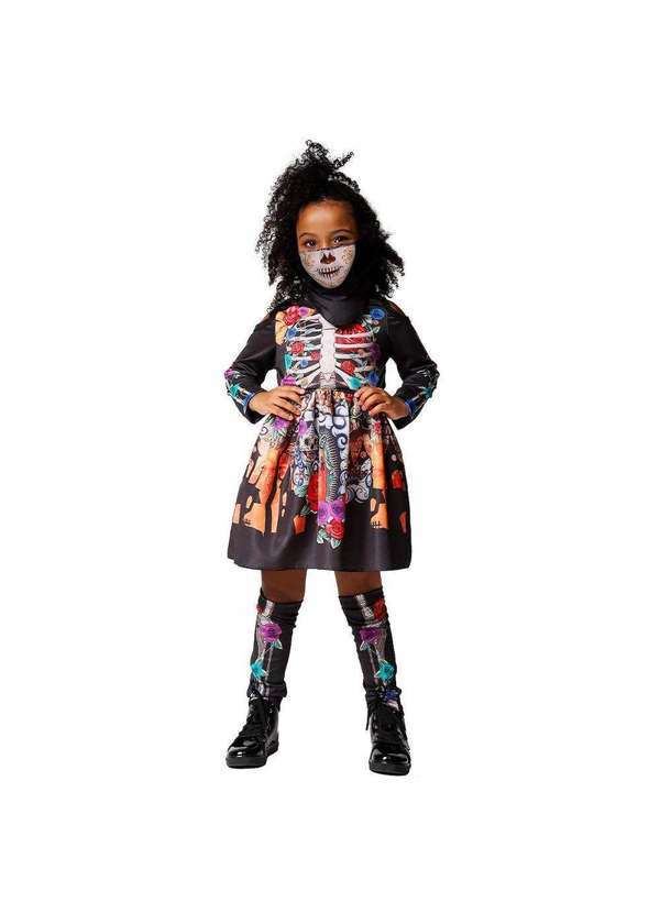 Sulamericana - Fantasia Caveira Mexicana Infantil Completa de Halloween Preto