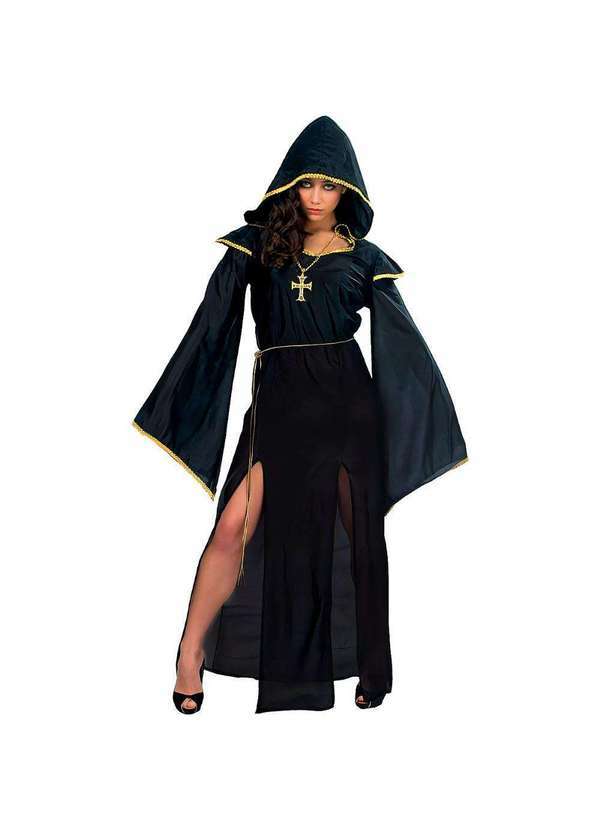 Fantasias Carol Fg - Fantasia Femininia Gotica Roupa Vestido Medieval com Capuz Preto
