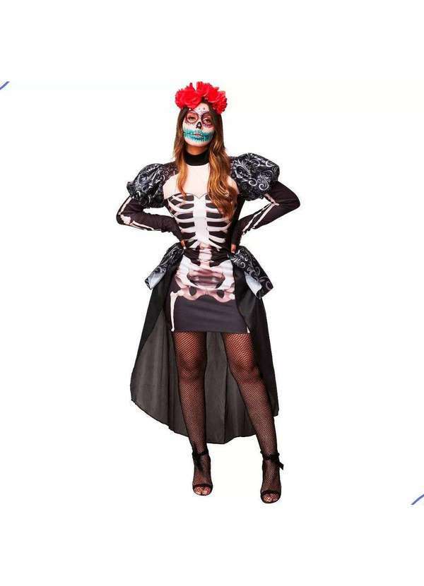 Fantasias Carol Fsp - Fantasia Halloween Feminina Rainha Caveira Mexicana de Luxo Preto