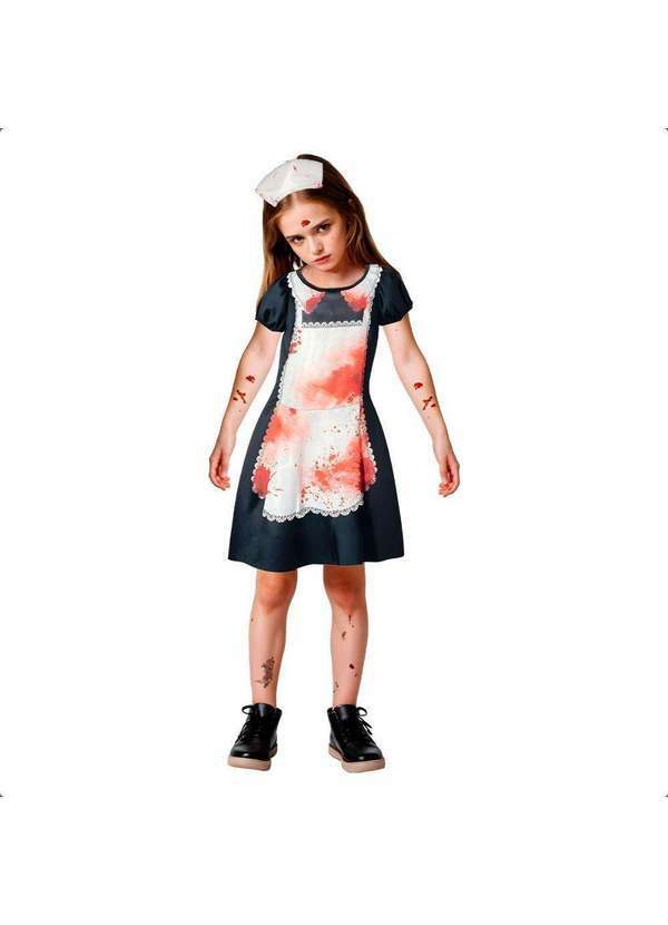 Fantasias Carol Fsp - Fantasia Halloween Infantil Empregada Assassina com Tiara Preto